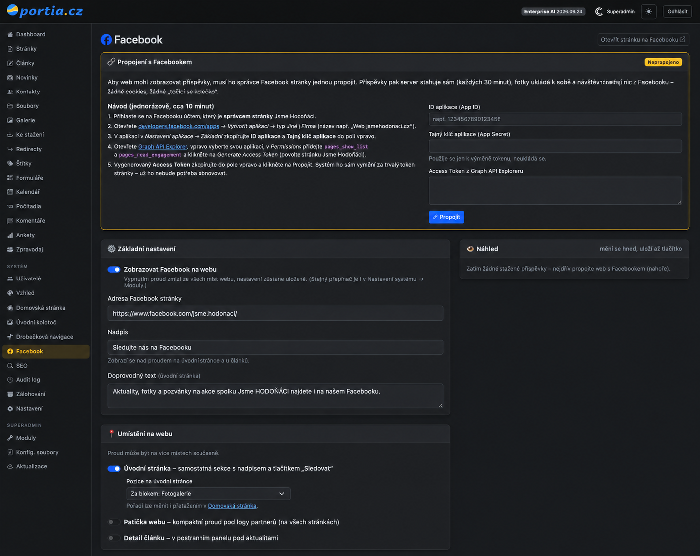 Nastavení propojení s Facebookem v administraci Portia 6